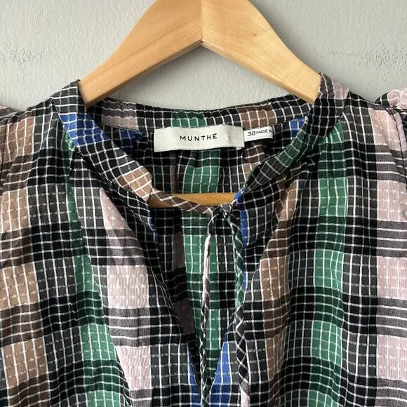 Munthe Ruffled Plaid Sleeveless Blouse Tassel Tie Womens Size 38 (M) - Picture 4 of 8